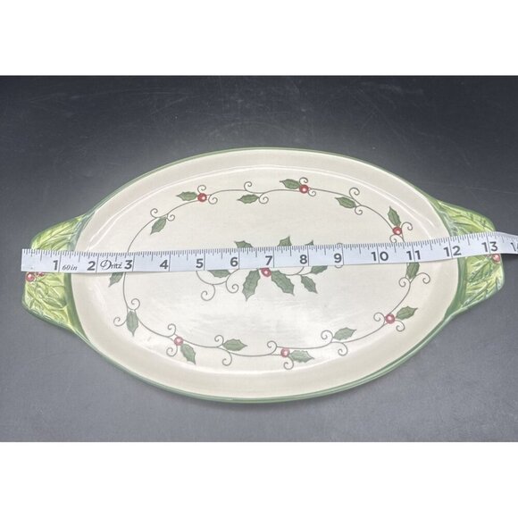 Temptations Tara Cardinal Ceramic Oval Serving Platter 13” Green Holly Christmas - Picture 5 of 6